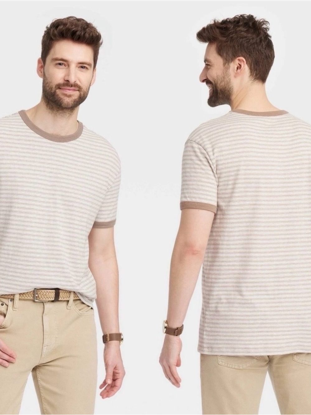 Men's Beige Striped Crewneck Short-Sleeve Shirt, L & XL